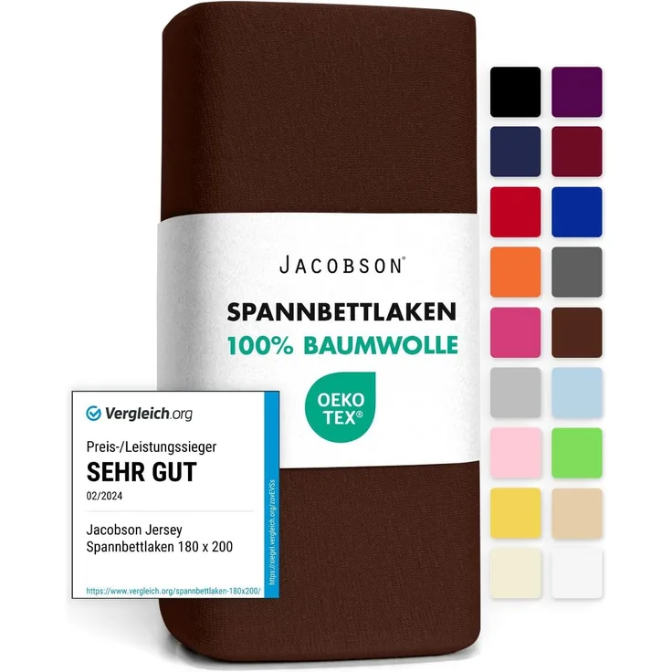 Jacobson Jersey Spannbettlaken Spannbetttuch Baumwolle Bettlaken (180x200-200x200 cm, Schokobraun)
