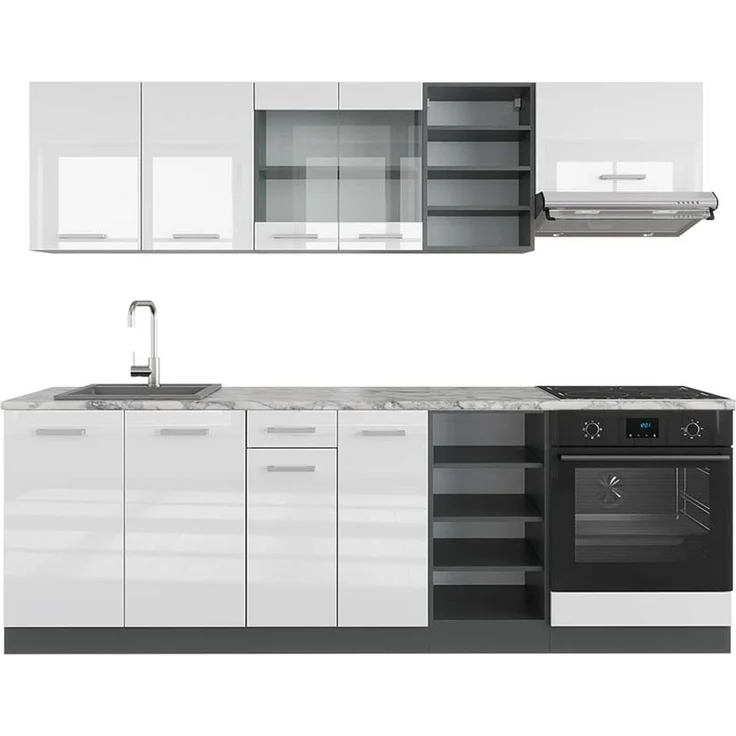 Küchenzeile R-Line Weiß Hochglanz/Anthrazit 240 cm , AP Marmor Vicco – Bild 1