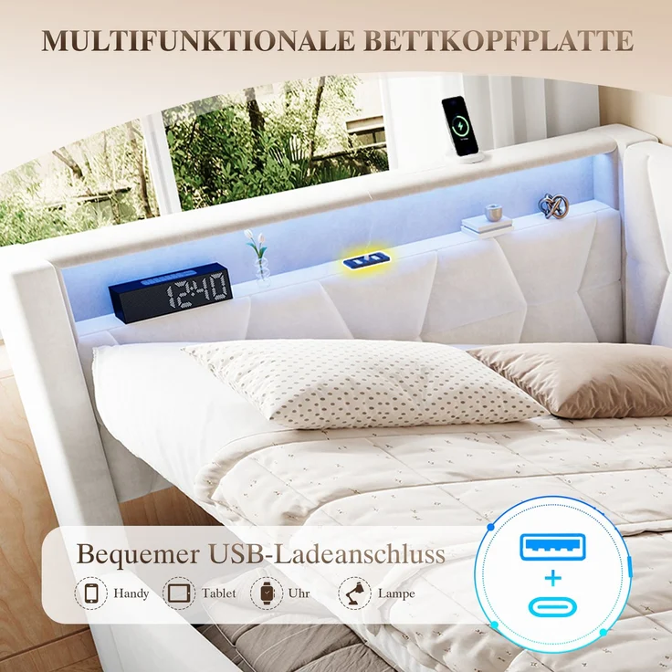 LVHOM Einzelbett 140x200 cm mit Stauraum, Polsterbett mit LED, USB und Type-C, Jugendbett, Hydraulischem Bettgestell, Samt, Beige – Bild 5
