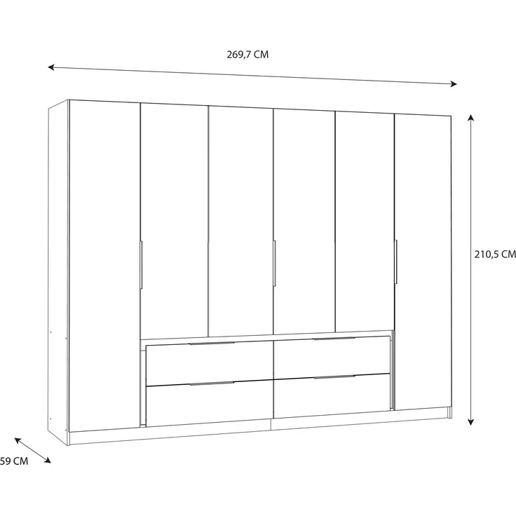 Drehtürenschrank >LUANO< 4 Schubladen, 6 Türen, Weiss / Weiss Glanz - 269,7x210,5x60cm (BxHxT) – Bild 5