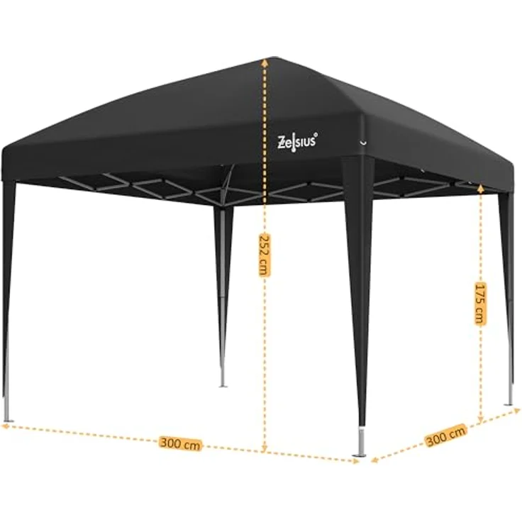 Zelsius Faltbarer Pavillon 3x3 m, Schwarz, UV30 Schutz, wasserabweisend, klappbar mit Tragetasche, ideal für Garten und Veranstaltungen – Bild 3