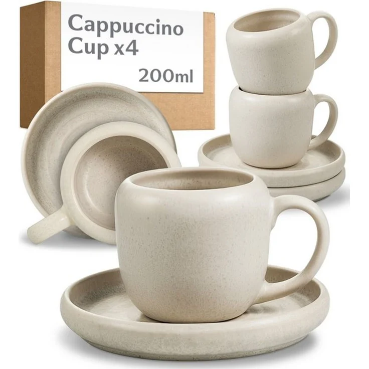 Cosumy Cappuccinotasse 4er Cappuccino Tassen Set mit Untertassen Weiß – 200 ml Keramik, 4-tlg, Steingut, Handglasiert, Spülmaschinenfest & Mikrowellengeeignet, 4er Set – Bild 4