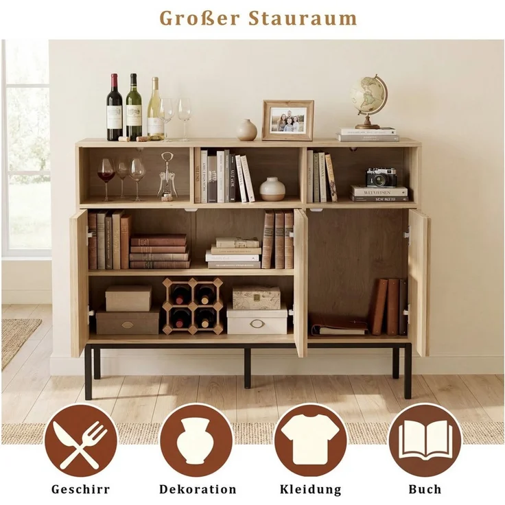 UEV Sideboard Küchenschrank mit 3 Türen & 3 offenen Fächern (Kommode), 105 x 39 x 80cm Kaffeebar Schrank für Flur Wohnzimmer Schlafzimmer – Bild 2