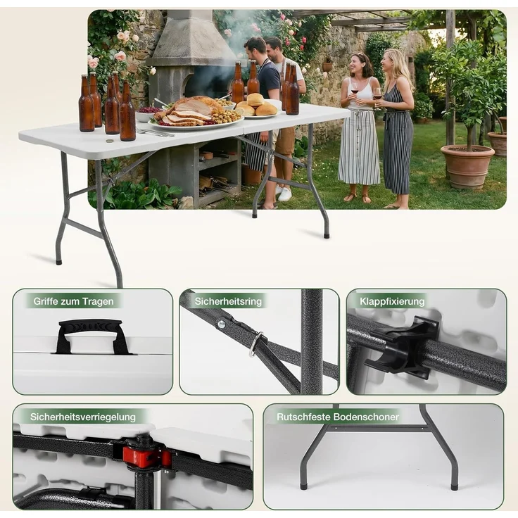 Sekey Buffettisch Tisch Klappbar Kunststoff 180 cm Campingtisch mit Tragegriff Partytisch Klapptisch Gartentisch für Garten Terrasse und Balkon, Weiß – Bild 6