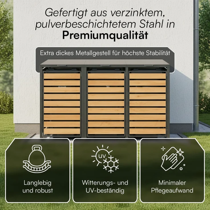 STEELSØN 'Kestra' Mülltonnenbox 3er je 120 Liter, anthrazit mit Holzoptik, Mülltonnenverkleidung aus Stahl, wetterfest, 102x62x177,5 cm, Müllbox für 3 Tonnen – Bild 5