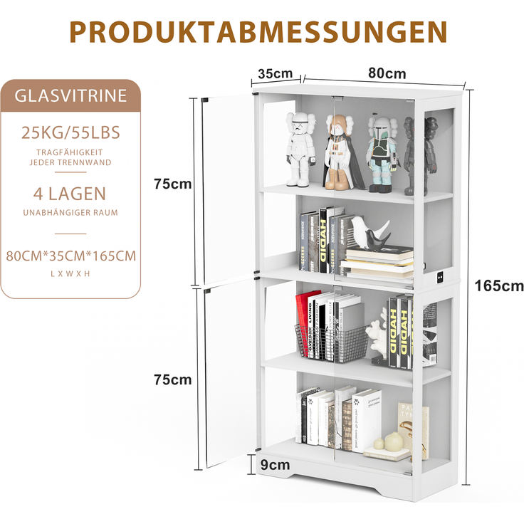 Glasvitrine 80x35x165 cm in Weiß mit LED-Licht und Bewegungssensor – Bild 5