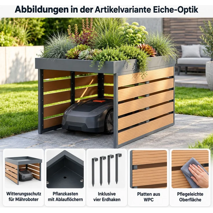 XL Mähroboter-Garage mit Pflanzkasten HWC-L45, Dach Unterstand für Rasenmäher, WPC Metall 54x70x94cm ~ Eiche-Optik – Bild 2