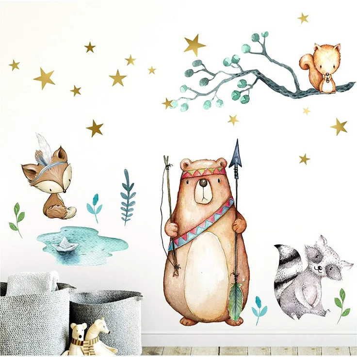 Little Deco 'Fuchs Bär Indianer' Wandaufkleber 97x74 cm