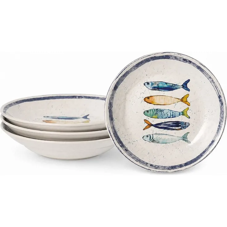 WestCraft Speiseteller Teller, mediterran mit Sardinen-Motiv, Maritime Pastateller 29 cm, (4 St), 4er Set, hochwertig und robust - langlebig und vielseitig einsetzbar