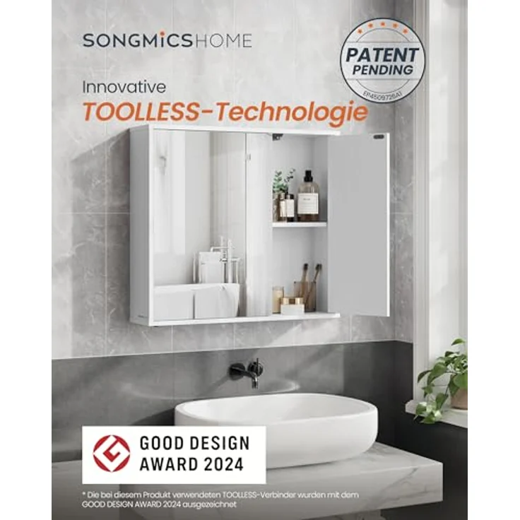 SONGMICS HOME Spiegelschrank, Badezimmerschrank, superschnelle werkzeuglose Montage, Toolless-Technologie, Badspiegel, verstellbare Ablagen, modern, 15 x 60 x 55 cm, schneeweiß BBC114WE01 – Bild 4