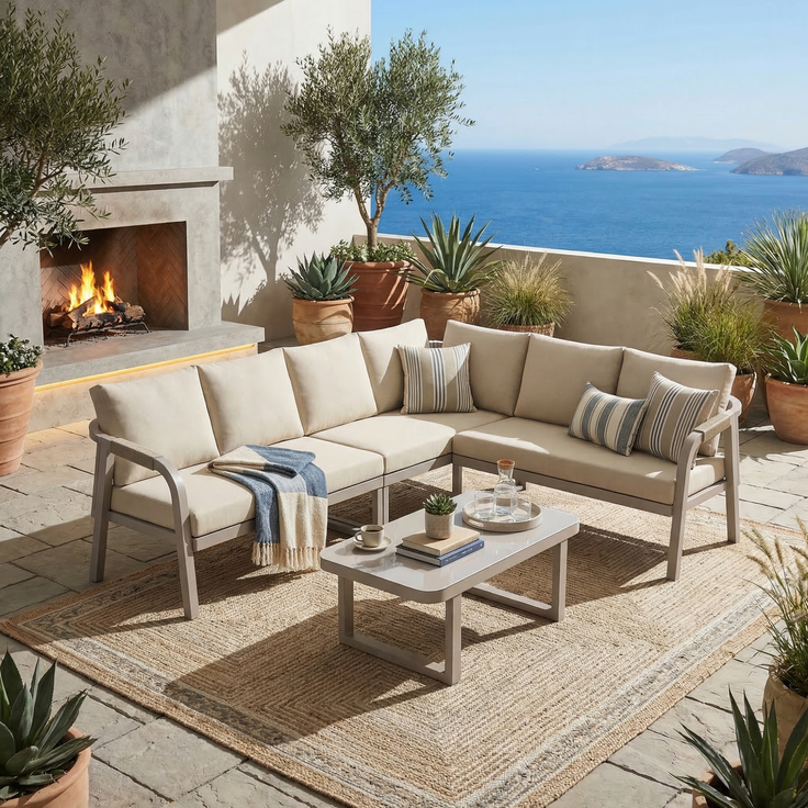 Merax Gartenmöbel-Set 6 Sitzer, Gartenlounge-Set Gartensofa mit Kissen und Tisch, Gartengarnitur Sofagarnitur Geflochten, Beige