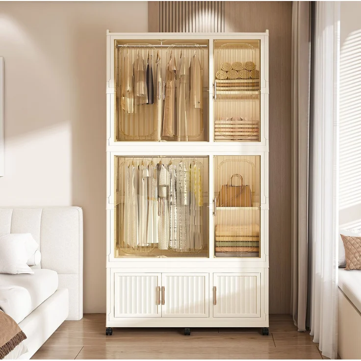 Kleiderschrank aus PP-Kunststoff mit 9 Magnettüren, 6 Rollen und 2 Kleiderstangen, 92x45x196 cm, Cremeweiß – Bild 2