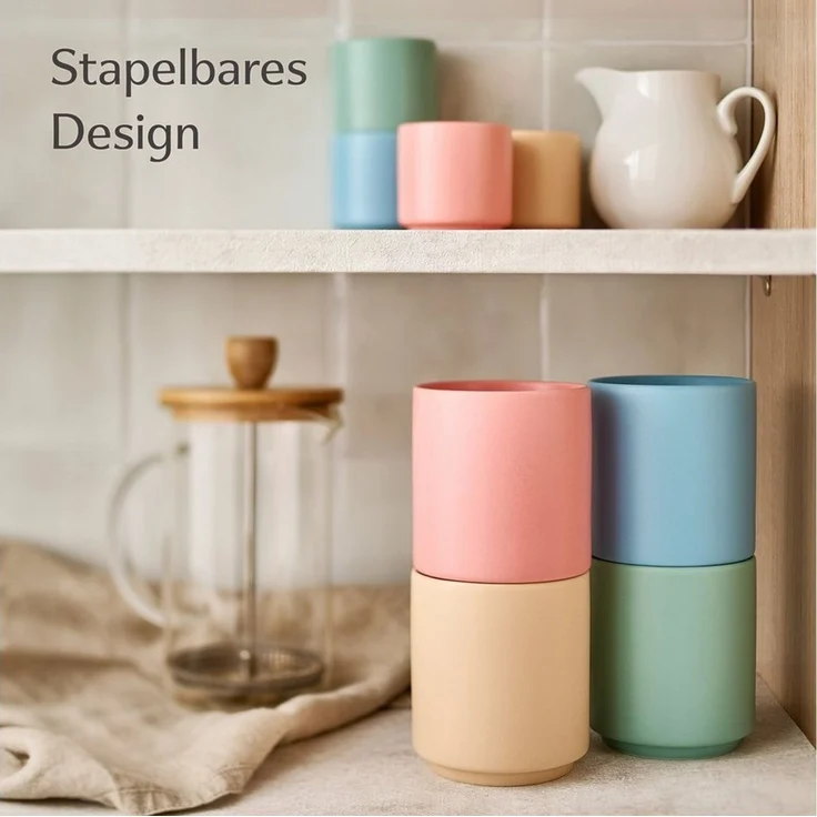 Cosumy Cappuccinotasse Cappuccino Tassen Groß 4er Set - Pastellfarben aus Keramik, 4-tlg, Keramik, Hitzebeständiges Stapelbares Design - Entworfen für Latte Art - 200 ml – Bild 2