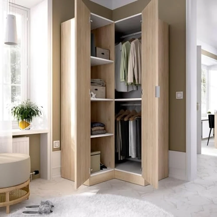Dmora - Kleiderschrank 2 Türen Elgon, Eckschrank für Schlafzimmer, Eckschrank, 91x93h184 cm, 91x93h184 cm, Eiche – Bild 4