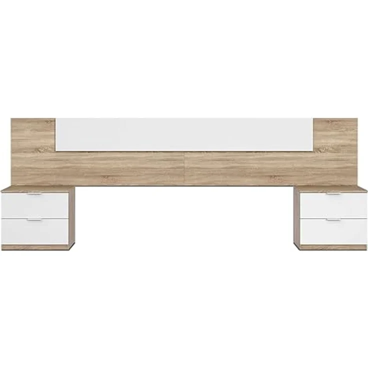 Habitdesign, modernes Kopfteil mit 2 Nachttischen – Schlafzimmer-Set für Doppelbett in Artik weiß & Kanadischer Eiche, viel Stauraum, Maße: 247 x 50 x 38 cm (B x H x T), Modell Alaya – Bild 3