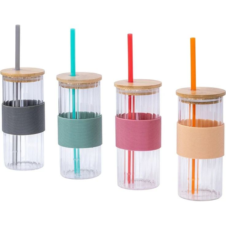 Levandeo® Glas, 4er Set Glas mit Deckel 400ml Bunt Strohhalm Bambusdeckel Trinkbecher