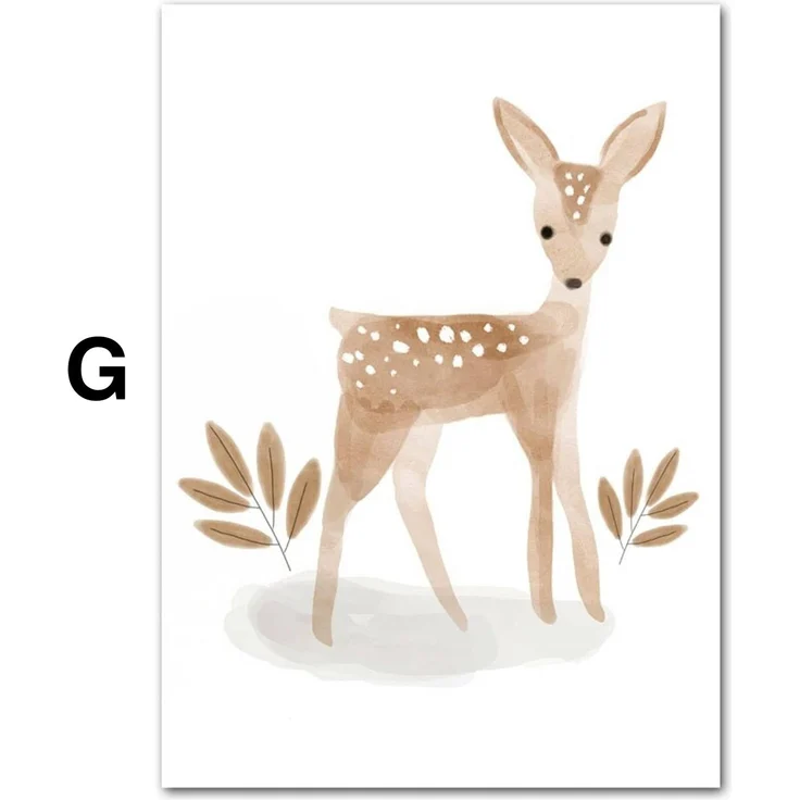 Poster Kinder süße Tiere im Boho Stil Bär Reh Regenbogen Vogel und Blume als Deko Print ohne Rahmen - G / 70 x 100 cm