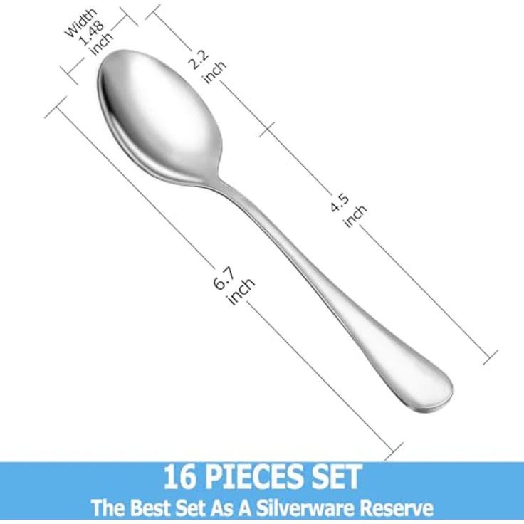 Teelöffel-Set, 16 Stück, 17 cm, Silber-Löffel, Premium-Lebensmittelqualität, 18 10 Edelstahl, langlebige Metall-Teelöffel, kleine Besteck-Löffel, Küchen-Löffel, Spiegel-Finish & spülmaschinenfest 6. 7'' silber – Bild 3