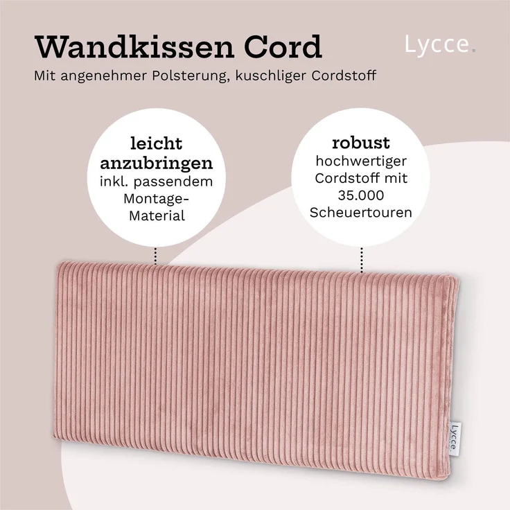 Lycce Wandkissen - Cord, Wandpolster, Rückenkissen Sitzbank, Kopfteil Betten, Polsterung Puderrosa 30x75x4cm – Bild 3