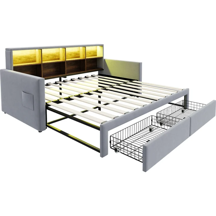 Merax Einzelbett Daybett 90/180 x190cm Ausziehbares Polsterbett Schlafsofa, Kopfteil mit integrierten Staufächern, LED-Lichtleiste und Ladesteckdosen, Mit 2 Schubladen, Samt Hellgrau – Bild 9
