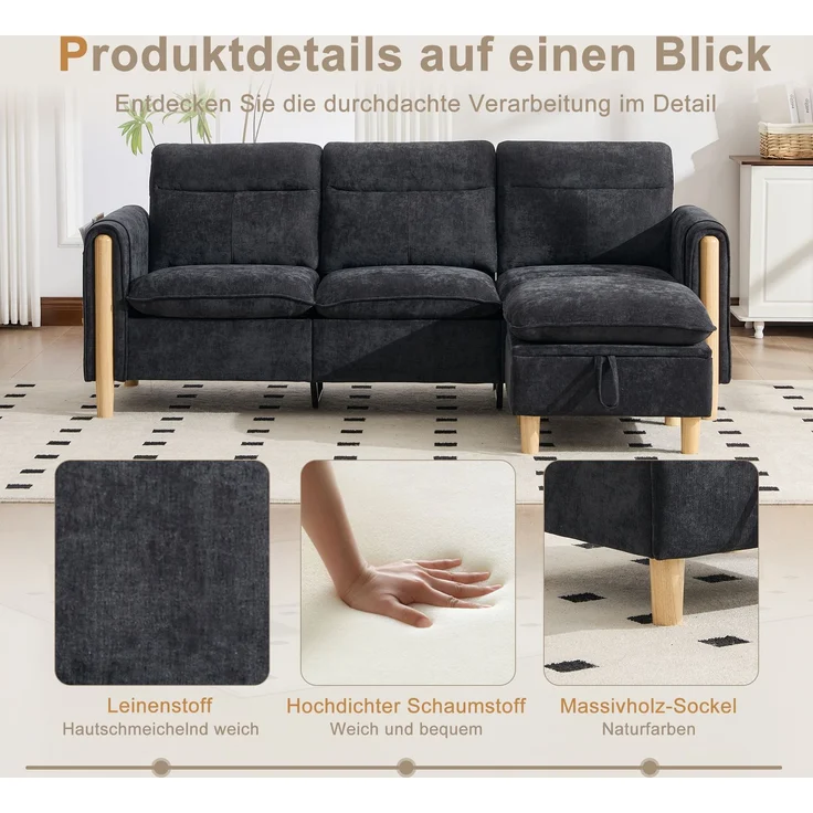 EINHOM Dreisitzige Sofagarnitur im nordischen Stil mit Aufbewahrungshocker, L-förmiges Stoffsofa mit Seitentaschen und Tischbeinen aus Holz, ideal für Wohnzimmer und kleine Räume(Schwarzer Chenille) – Bild 3