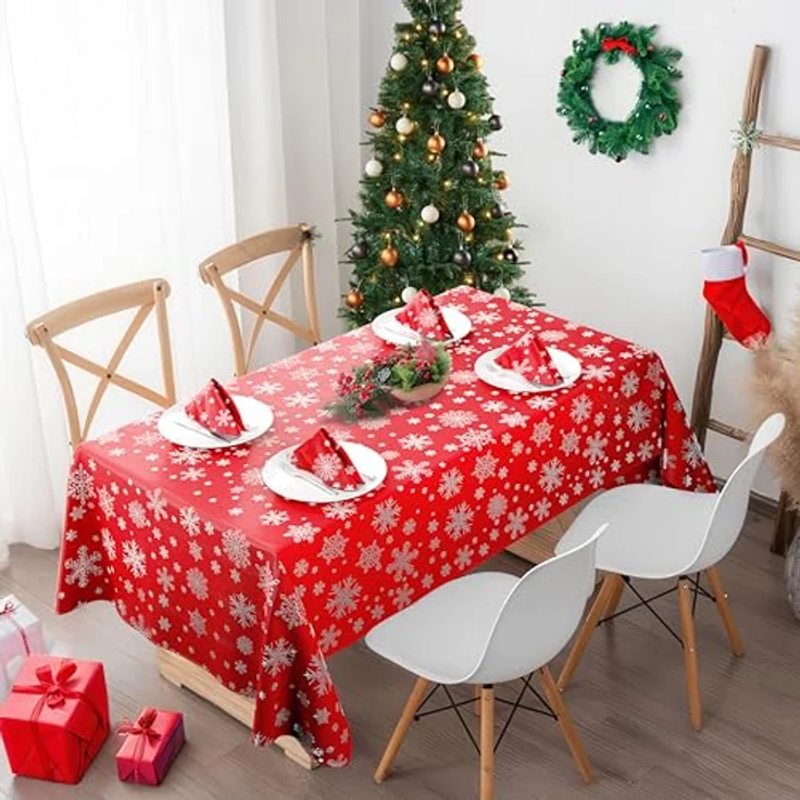 Emma Barclay Weihnachtstischdecke, rechteckig, maschinenwaschbar, Weihnachts-Tischdecke in Rot mit silbernem Schneeflocken-Design, 178x274 cm – Bild 3