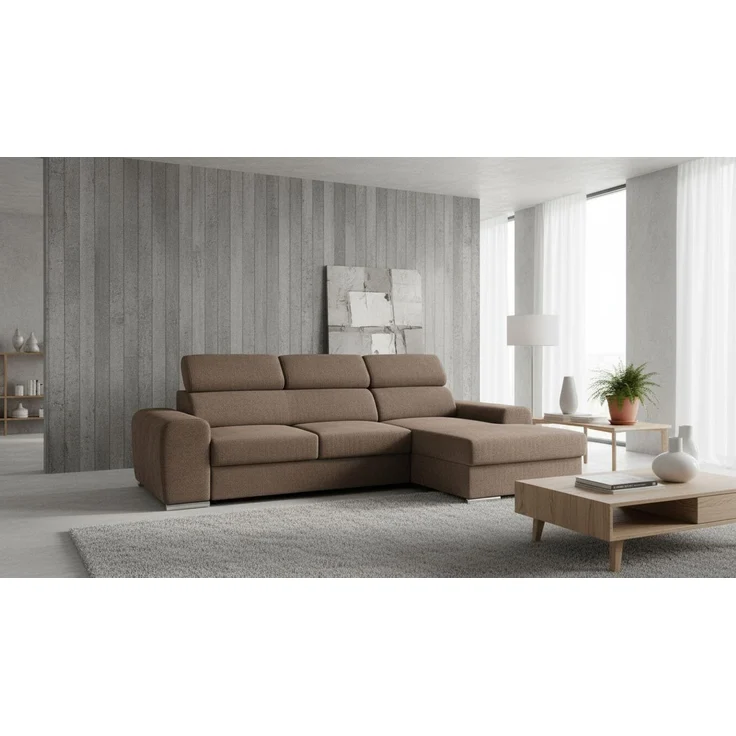 Wohnero24 - Höchste Qualität - Modernes Ecksofa PAVONE 1 - 260x183 cm – Chenille Stoff – Schlaffunktion 198x125 cm & Bettkasten - Hellbraun – Bild 3