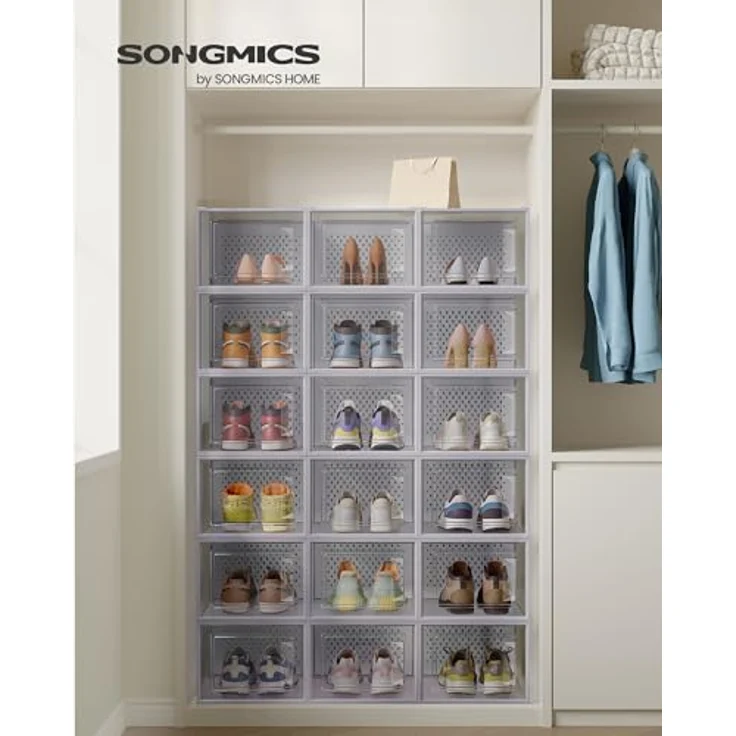 SONGMICS Schuhboxen, 18er Set, Schuh-Organizer aus Kunststoff, faltbar und stapelbar, für Schuhe bis Größe 46, transparent-grau LSP007G18 – Bild 3