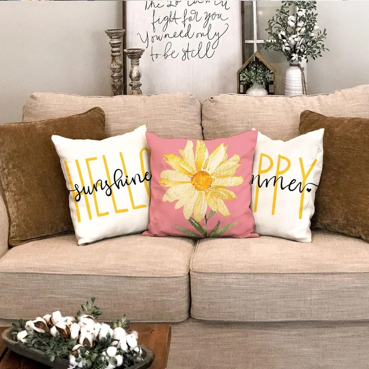 Sommer Kissenbezüge 40×40 cm 4er-Set Gelb-Pink Gänseblümchen, “Hello Sunshine”, Outdoor Couch – Bild 3
