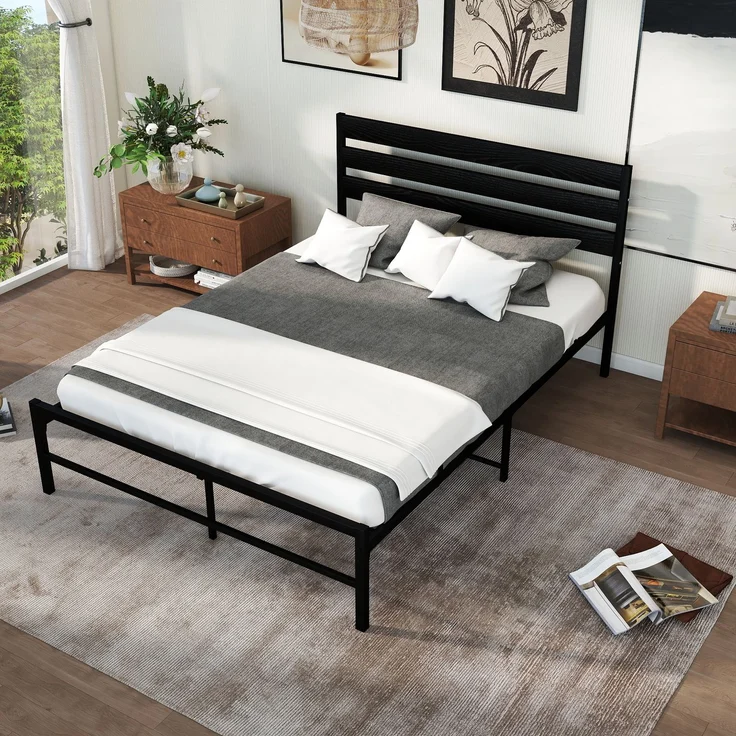 Doppelbett aus Metall mit MDF-Kopfteil, ohne Matratze, 140x200 cm, Schwarz – Bild 7