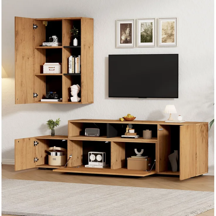 Wohnzimmer TV-Schrank-Set verstellbar & Wandschrank Holzfarbe & Schwarz, 3 Türen, 2 offene Schubladen, 1 halboffenes Regal