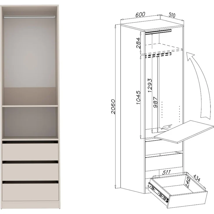 Marmex Möbel Tres Set-L/N Eckkleiderschrank mit Schubladen ohne Türen, Einbauschrank über Eck mit Regalen und Kleiderstangen, laminierte Spanplatte, graubeige cashmere 111/180x246x51 cm – Bild 8