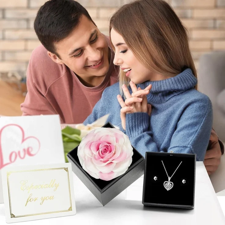 Ewige Rose Geschenkbox 925 Silber Halskette Ohrringe Set White Pink – Bild 5