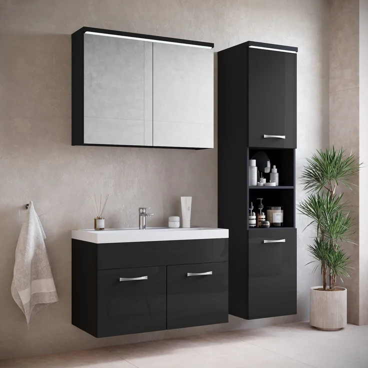 Badplaats Badmöbel Set mit Waschbecken und Unterschrank Paso 01 80 x 40 cm Schwarz Hochglanz - Waschbeckenunterschrank mit Waschbecken – Bild 4