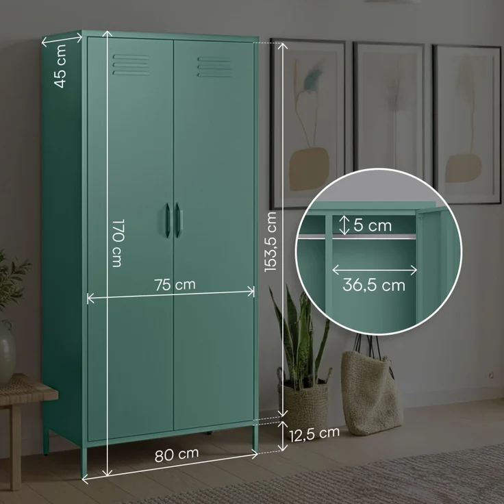 skølm 'Atria' Kleiderschrank, Metall, 170x45x80 cm, dunkelgrün, Garderobe mit 4 Fächern und 2 Kleiderstangen – Bild 6