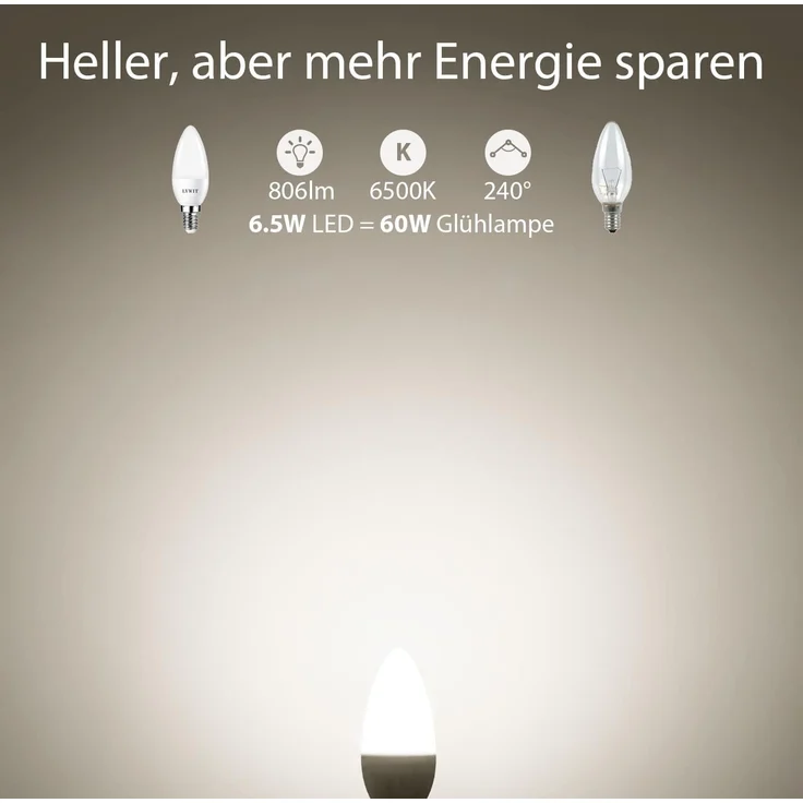 LVWIT LED Lampe E14, 470 lm, 6500K Kaltweiß, ersetzt 40 Watt, 4.9W LED Leuchtmittel in Kerzenform C37, matt (6er Pack) – Bild 3