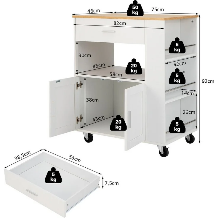 COSTWAY Küchenwagen, mit Arbeitsplatte, 3 Gewürzregalen & Schublade, rollbar – Bild 2