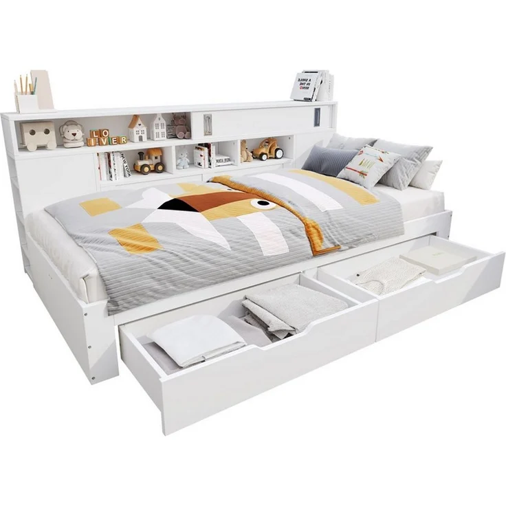 EXTSUD Kinderbett Kinderbett 90×200 cm – Daybed mit Schubladen, Regal & Stauraum (Bettkasten mit Stauraum,ohne Matratze,weiß), mit Schubladen,Bücherregal und Stauschrank – Bild 1
