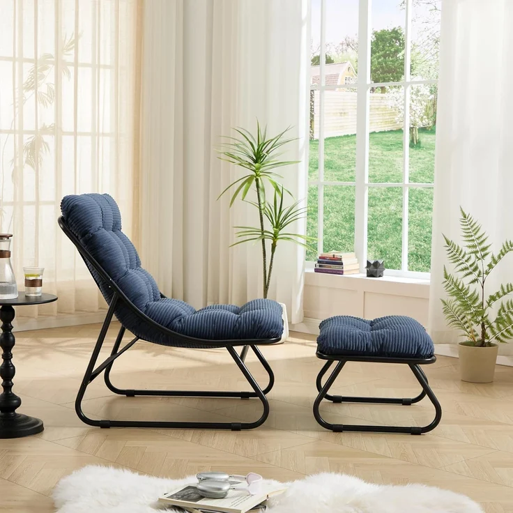 LVHOM Sessel mit Hocker, Gepolsterter Loungesessel aus Cord mit Metallgestell, ergonomischer Relaxsessel für Wohnzimmer und Schlafzimmer, Dunkelblau – Bild 4