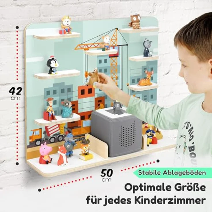 stadtecken egal für Tonies & Toniebox – Musikbox Wandregal aus 10mm Holz – Platz für 35-50 Figuren mit Magnetfunktion – Handgefertigt – Zum Aufstellen oder Aufhängen (Baustelle, Groß) – Bild 3