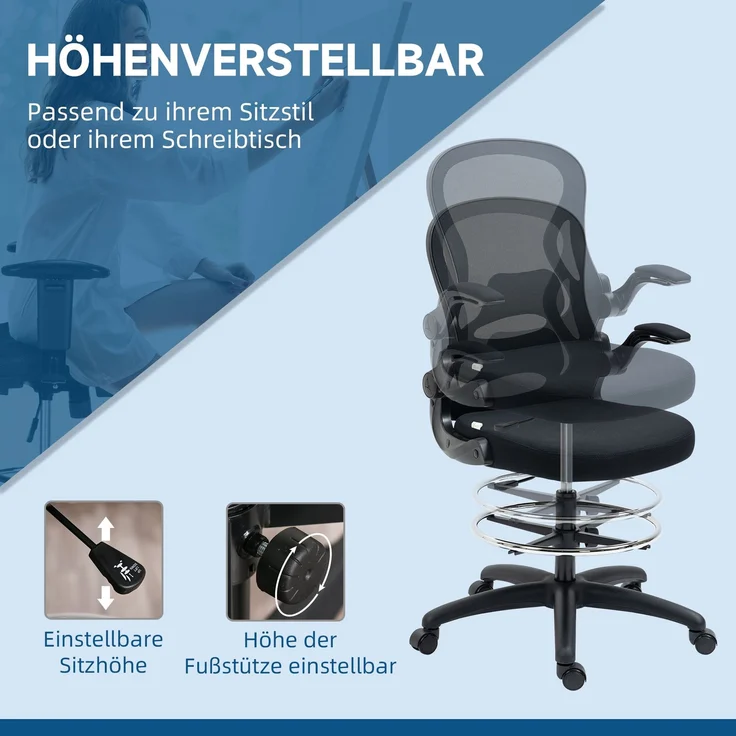 Zeichenstuhl, höhenverstellbarer Bürostuhl, mit Fußstütze, 59 cm x 65 cm x 122 cm, Schwarz--Schwarz--122x65x59cm--YOUDENOVA – Bild 6