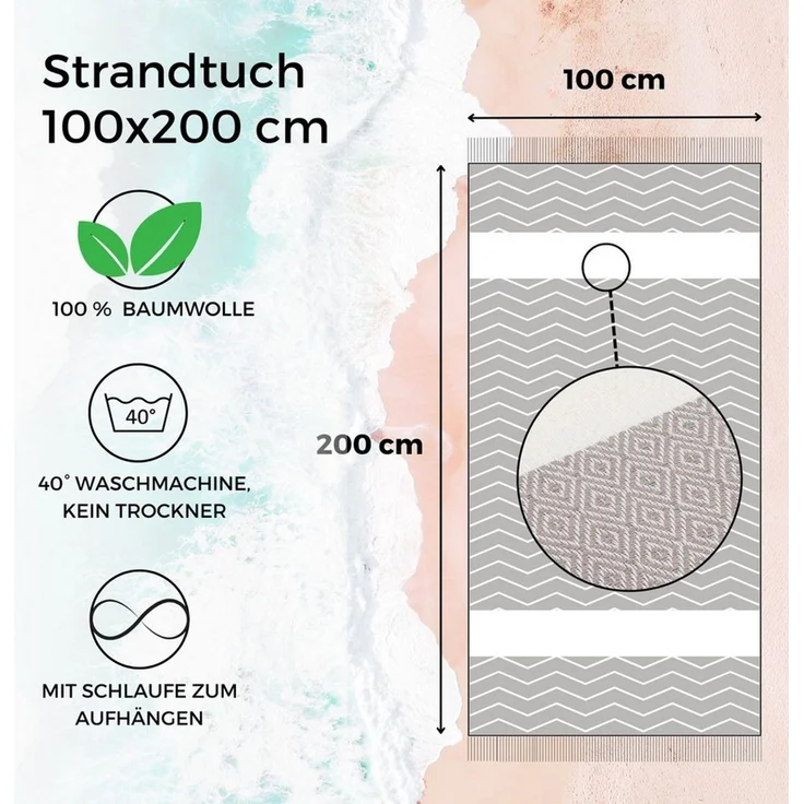 furora HOLIDAY Strandtuch groß 100x200 cm Strand Tuch, aus Baumwolle, Hamamtuch Badetuch, leicht, lang, dünn & kompakt – Bild 2
