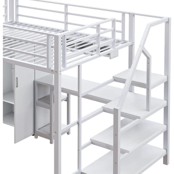 Hochbett 140 × 200 cm, integrierter Schreibtisch, Kleiderschrank, offene Regale und Ablageleiter, platzsparendes Design, Weiß – Bild 10