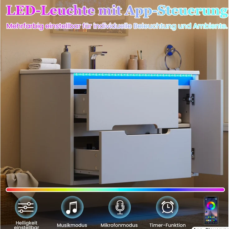 Waschbeckenunterschrank 81 x 47 x 51 cm mit Keramikwaschbecken und App-gesteuerter LED-Beleuchtung, Weiß – Bild 8