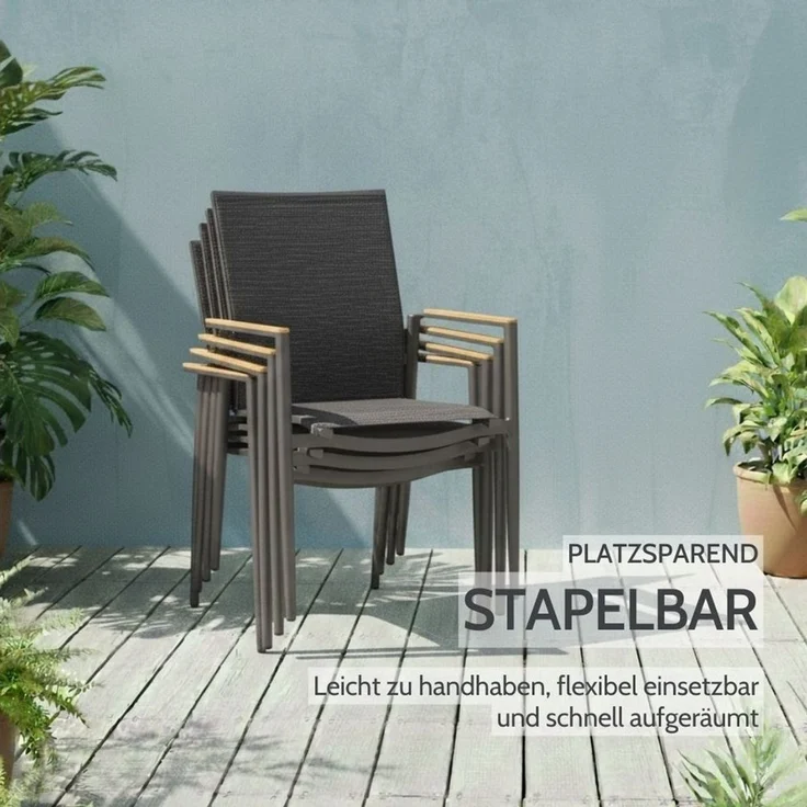 Liadomo Gartenstuhl Mannoli Gartensessel, Stapelstuhl, Outdoor-Stuhl für Terrasse & Balkon (Gartenstuhl-Set, stapelbar, 6 St), Armlehnen Teak, Textilgewebe, Alu anthrazit – Bild 3
