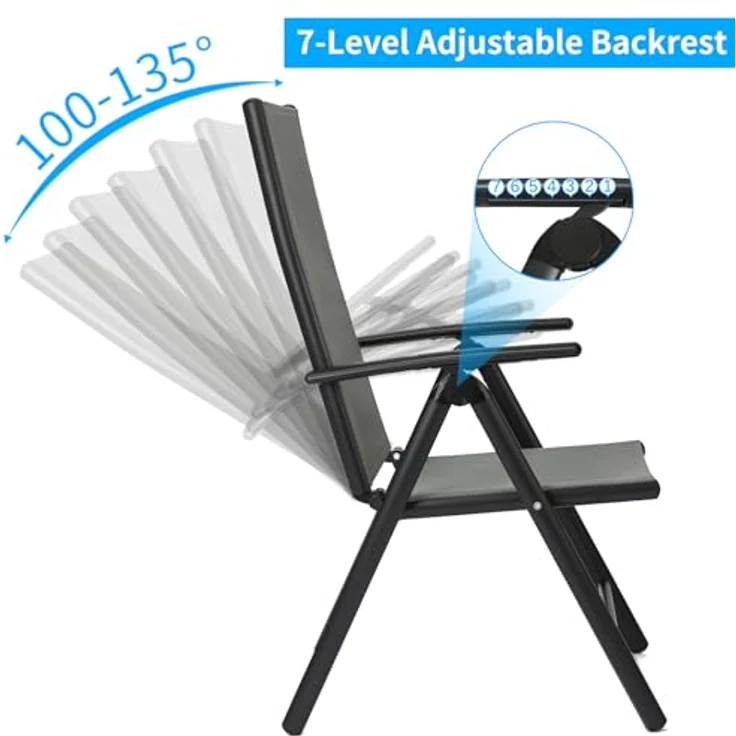 Clevich Gartenstühle Alu 2er Set, Gartenstuhl Hochlehner Klappbar mit 7-Fach Verstellbar Rückenlehne, Balkonstühle bis 120kg, Leicht Campingstühle, Ergonomisch Atmungsaktiv und komfortabel, Dunkelgrau – Bild 4