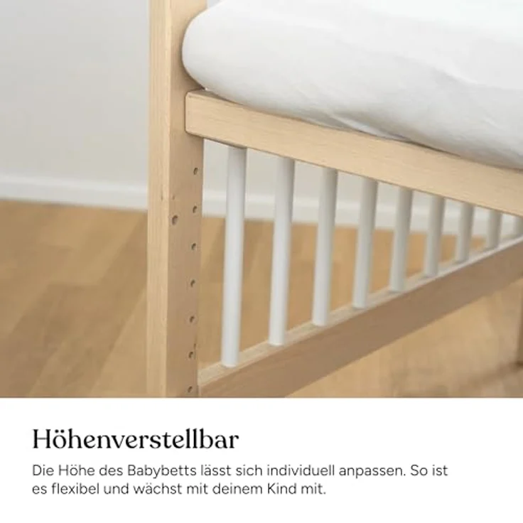 Ehrenkind® Babybett PUR 120x60 aus Buchenholz | Natur | Kinderbett 9-Fach höhenverstellbar mit entnehmbaren Stangen | Baby Bett – Bild 7