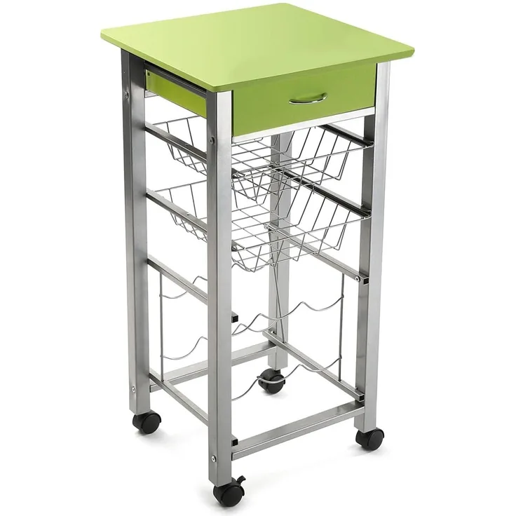 Versa Leicester Küchenwagen mit Rädern, Schubladen und Flaschenregal, Gemüsehändler, Küchenablage, Maßnahmen (H x L x B) 82 x 40 x 40 cm, Holz und Metall, Farbe: Grün