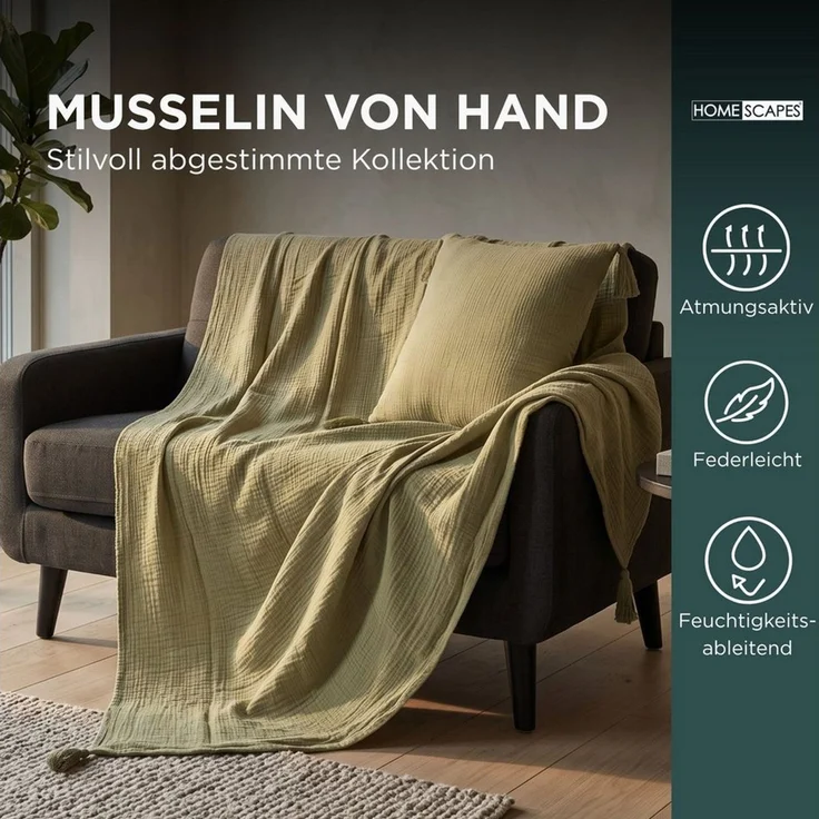 Plaid Musselin-Decke salbei mit Quasten, 127 x 180 cm – 100 % Baumwolle, Homescapes – Bild 3