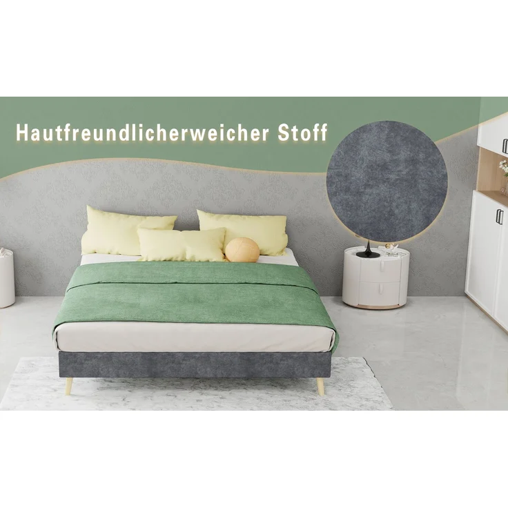 Novelux Bettgestell 140x200 cm - Modernes Plattformbett aus Holz mit grauem Samtbezug, Ohne Kopfteil, Minimalistisches Design – Bild 6